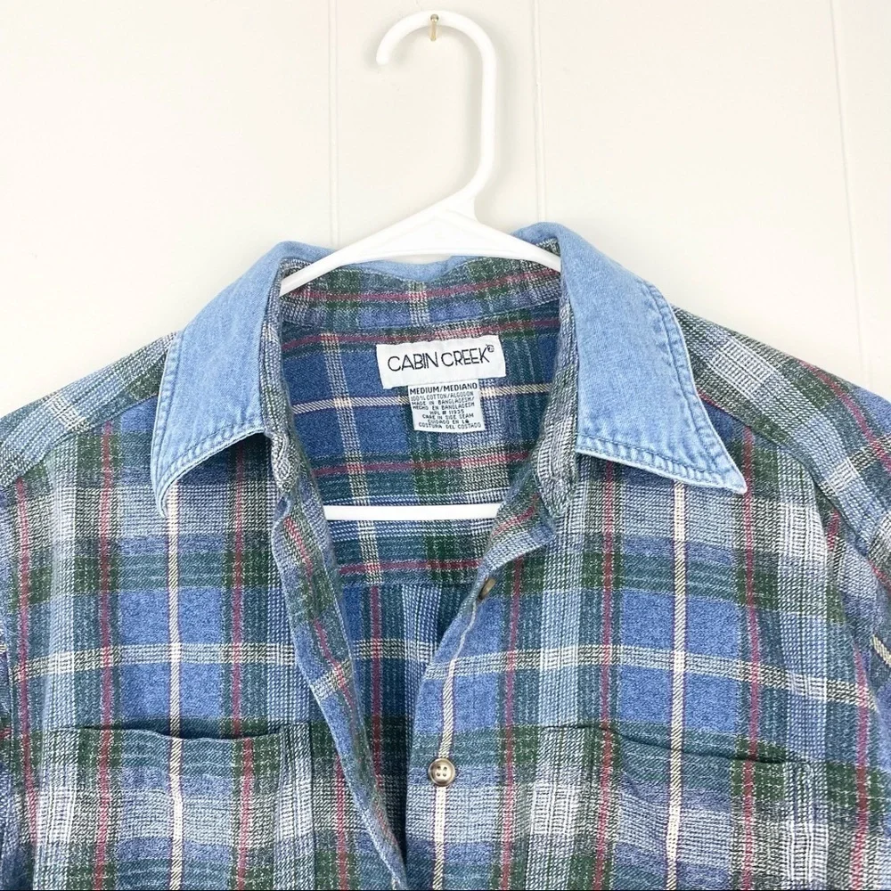 Vintage | Plaid Long Sleeve Top with Denim Collar - Picture 2 of 4